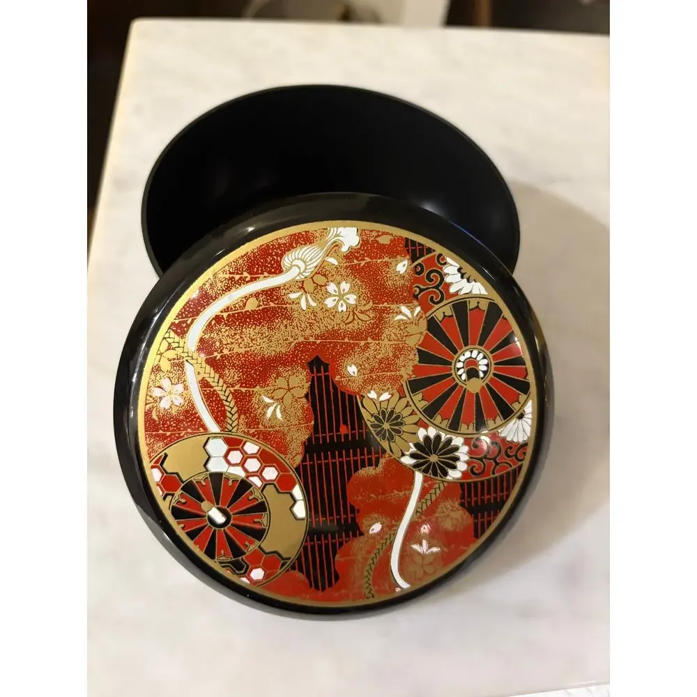 Small Round Decorative Black Lacquered Japanese Storage Stash Box gold